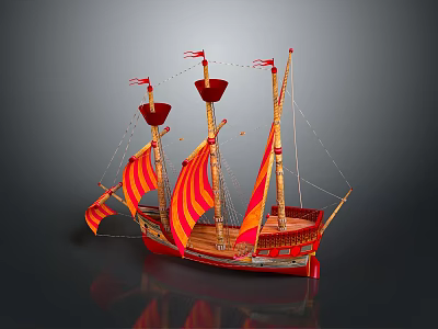 Ancient Sailing Ship Model With Red And Yellow Striped Sails And Wooden Masts 3d model