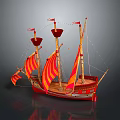 Ancient Sailing Ship Model With Red And Yellow Striped Sails And Wooden Masts