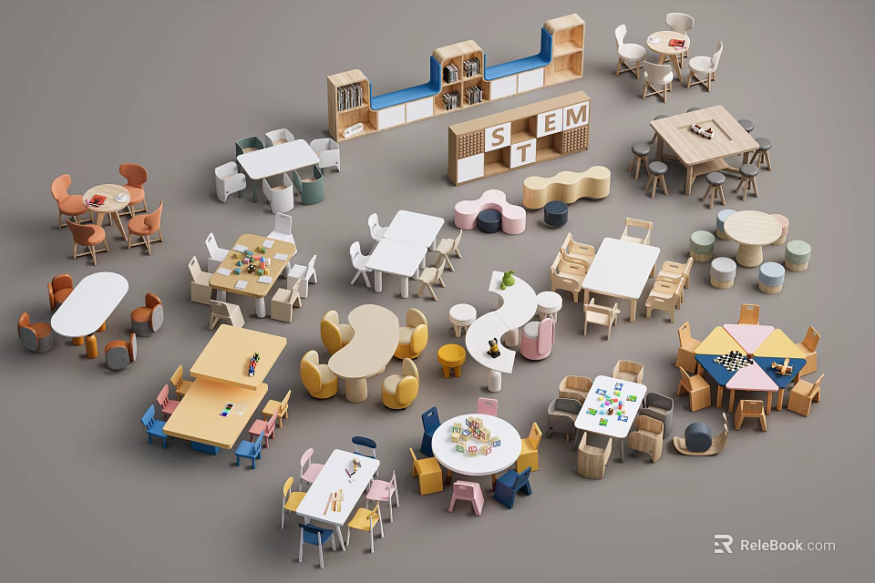 Colorful Wooden Kids Table with Matching Chairs and Storage Bins for Playroom Study Area 3d model 