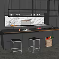 Modern Kitchen Interior Design With Grey Cabinets Marble Backsplash Island Counter And Stools