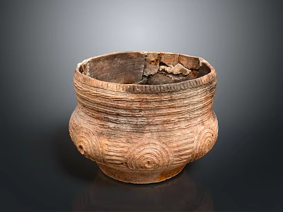 Handcrafted Clay Pot As Daily Use Item With Spiral Patterns Rough Texture And Chipped Rim 3d model