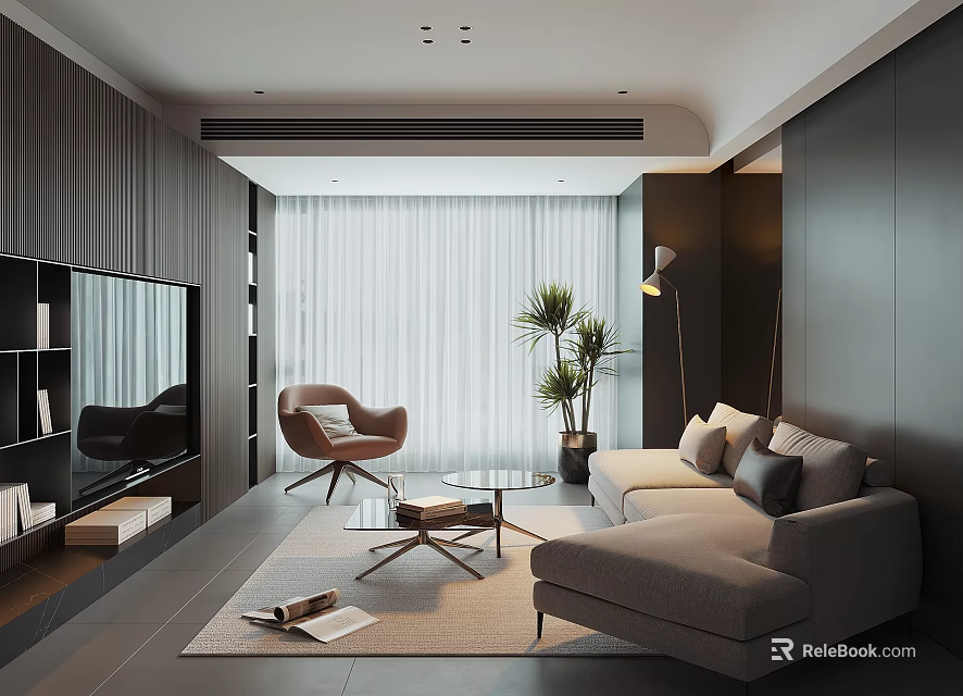 Modern Living Room With Dark Wood Walls Beige Sofa Brown Armchair And Glass Coffee Table 3d model 