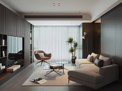 Modern Living Room With Dark Wood Walls Beige Sofa Brown Armchair And Glass Coffee Table 3d model