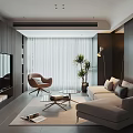 Modern Living Room With Dark Wood Walls Beige Sofa Brown Armchair And Glass Coffee Table