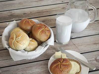 Fresh Homemade Bread Rolls With Milk And Butter On Wooden Table 3d model