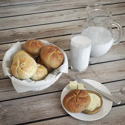 Fresh Homemade Bread Rolls With Milk And Butter On Wooden Table 3d model