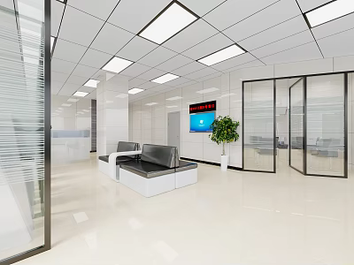 Bank Lobby Interior Design With Bright Lighting White Ceiling Glass Partitions And Sofa Seating 3d model