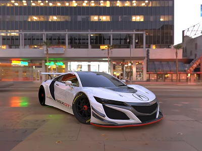White Acura Sports Car Parked On City Street With Tall Buildings And Neon Lights 3d model
