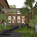 Japanese Courtyard Garden With Thatch Roof Wooden Structure Stone Stepping Path And Green Plants