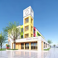 Modern School Building With Clock Tower And Colorful Facade In Front Of Plaza And Lawn