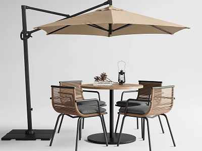 Outdoor Round Patio Table With Four Chairs Gray Cushions Beige Umbrella Black Frame And Decorations 3d model