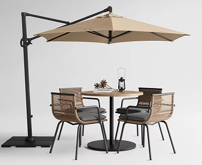 Outdoor Round Patio Table With Four Chairs Gray Cushions Beige Umbrella Black Frame And Decorations 3d model