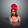 Mythical Female Character With Red Gold Headdress Golden Collar And White Attire Near Creature