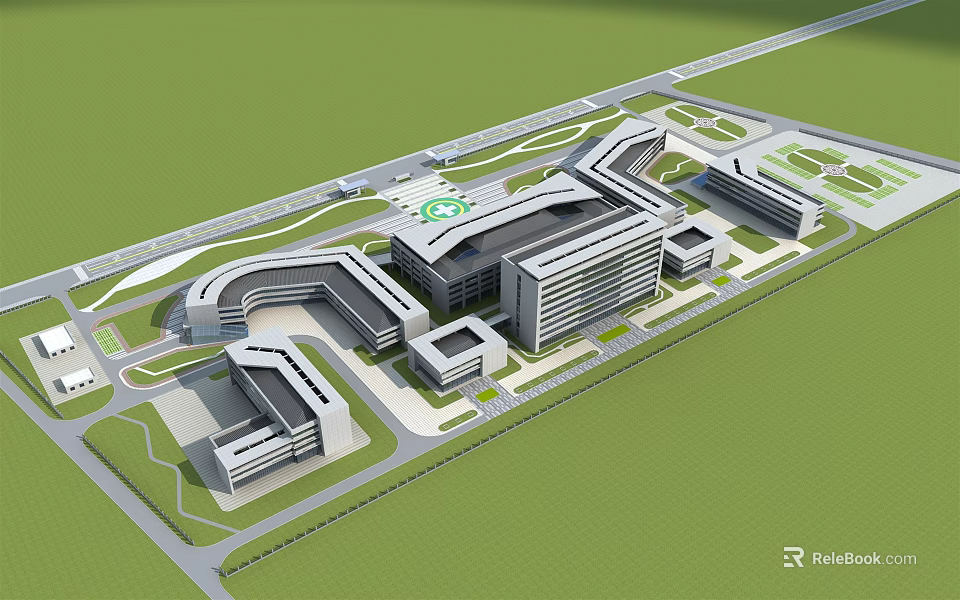 Modern Hospital Building Complex Architectural Design With Connected Structures And Green Areas 3d model 