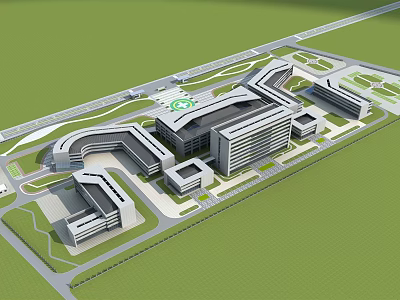 Modern Hospital Building Complex Architectural Design With Connected Structures And Green Areas 3d model