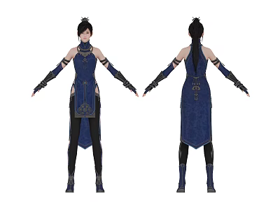 Traditional Blue Character Outfit Front Back Views With Long Sleeves Black Gloves And Boots 3d model