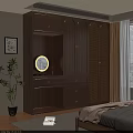 Modern Wooden Wardrobe with Drawers and Round Mirror in Bedroom with Plant and Curtains