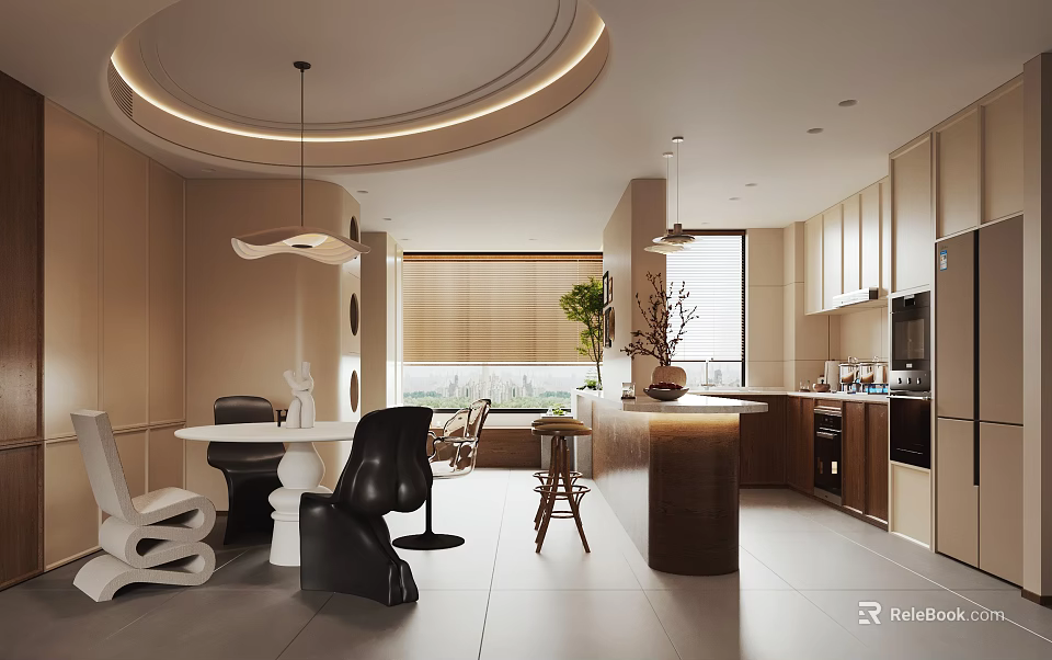 Modern Living And Dining Room Interior With Circular Pendant Light Wooden Island And Green Plant 3d model 