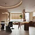 Modern Living And Dining Room Interior With Circular Pendant Light Wooden Island And Green Plant