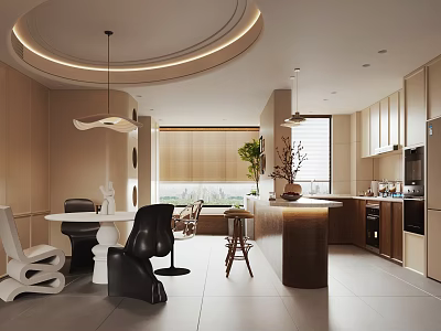 Modern Living And Dining Room Interior With Circular Pendant Light Wooden Island And Green Plant 3d model