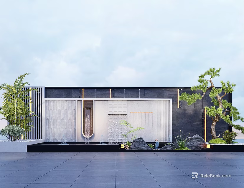 Modern Landscape Feature Wall With Stone Panel Water Feature And Green Plant Decor 3d model