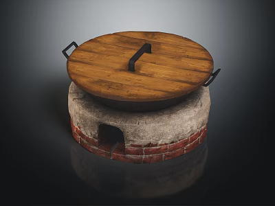 Rustic Home Use Stone Mill With Wooden Lid And Red Brick Base 3d model