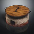 Rustic Home Use Stone Mill With Wooden Lid And Red Brick Base 3d model