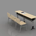 Light Colored Wooden Desk with Three Chairs and Metal Frame Design