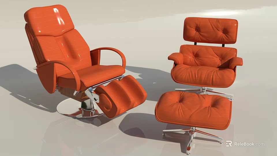 Modern Orange Leather Single Sofa with Ergonomic Design and Matching Footstool 3d model