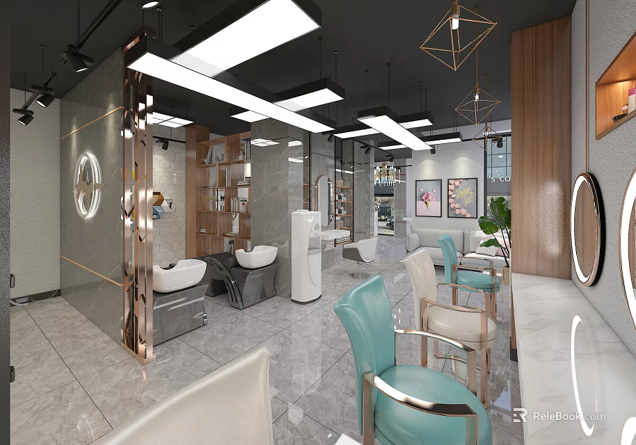 Modern Beauty Hair Salon Interior With Styling Chairs Mirrors Lighting And Green Plants 3d model 