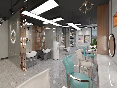 Modern Beauty Hair Salon Interior With Styling Chairs Mirrors Lighting And Green Plants 3d model