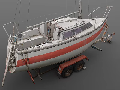 Red and White Yacht Parked On Trailer Featuring Masts Deck and Cabin 3d model