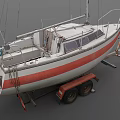 Red and White Yacht Parked On Trailer Featuring Masts Deck and Cabin
