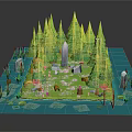 Cartoon Forest Scene With Green Pine Trees Stones Mushrooms Grass Water And Paper Craft 3D Design