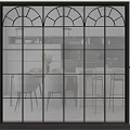 Modern Interior Design Featuring Black Metal Frame Textured Glass Room Divider And Dining Space