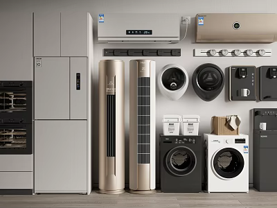 Home Appliance Showcase With Wall Mounted Floor Standing Air Conditioners Circular Fans And Washing Machines 3d model
