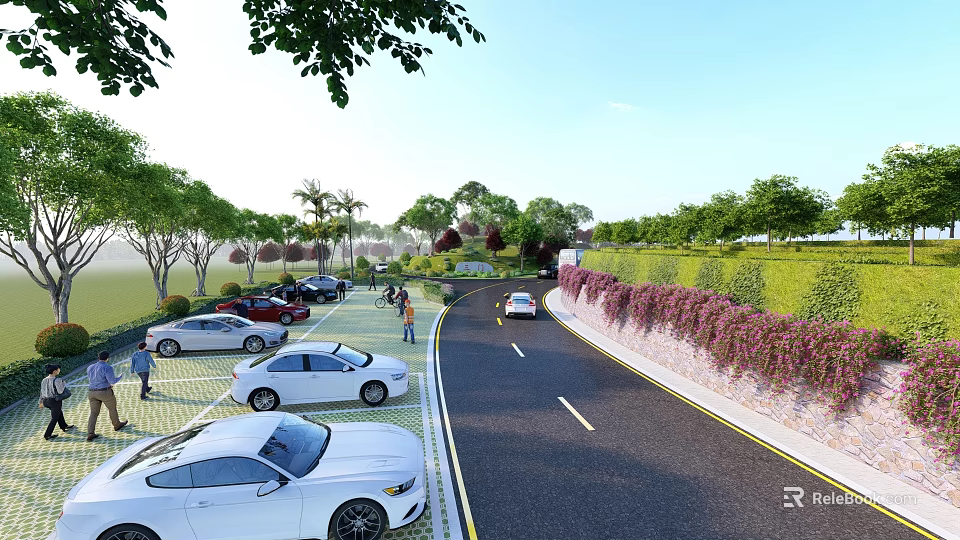 Road Facilities Design With Parking Lot Greenery Trees And Vehicles 3d model 
