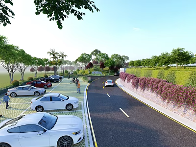 Road Facilities Design With Parking Lot Greenery Trees And Vehicles 3d model
