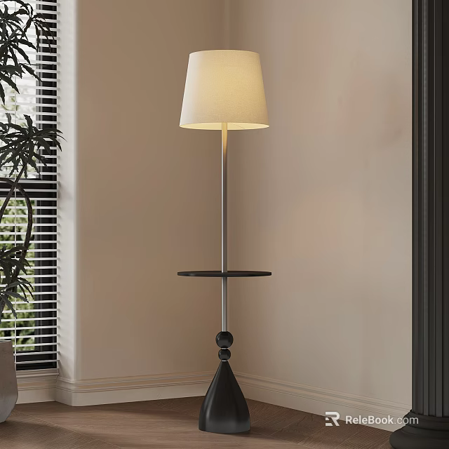 Contemporary Floor Lamp With White Shade Metal Pole Side Tray Near Window And Green Plant 3d model 