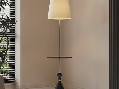 Contemporary Floor Lamp With White Shade Metal Pole Side Tray Near Window And Green Plant 3d model