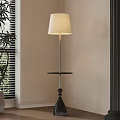 Contemporary Floor Lamp With White Shade Metal Pole Side Tray Near Window And Green Plant