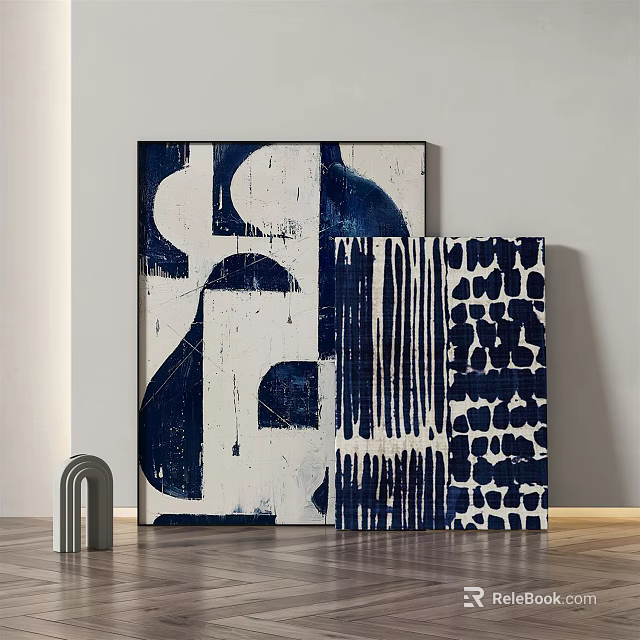 Blue And White Abstract Paintings With Geometric Patterns And Gray Arch Decor In Interior 3d model