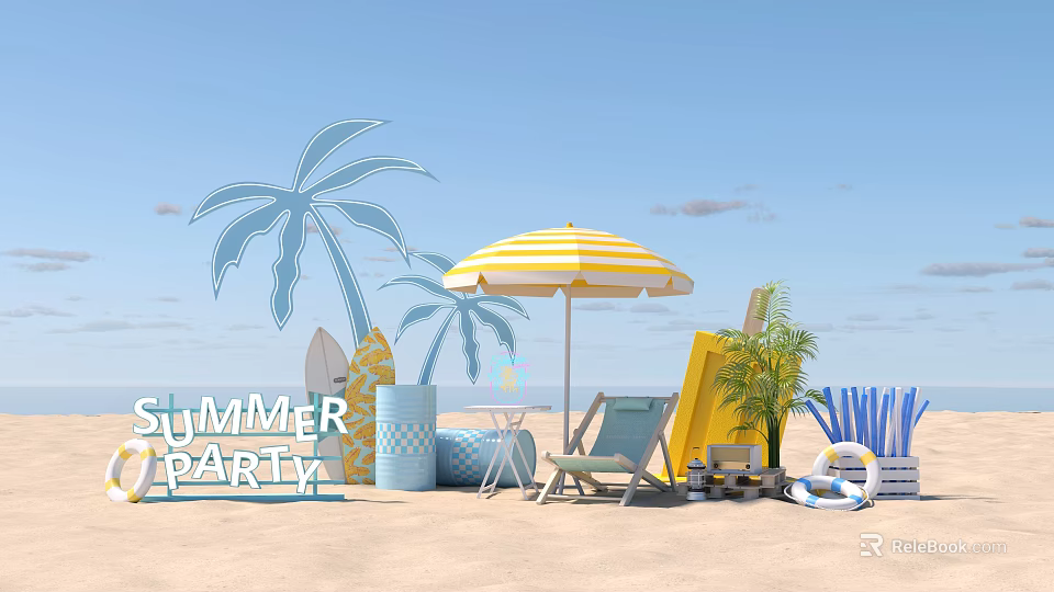 Summer Beach Party Setup With Yellow Striped Umbrella Palm Decor And Deck Chairs 3d model 