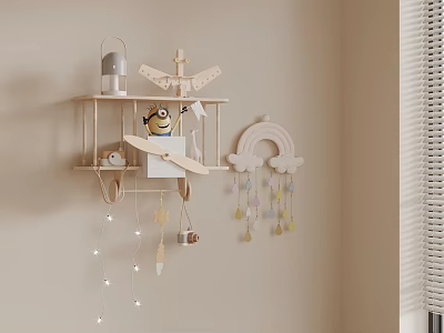 Cute Children's Room Corner With Wooden Airplane Shelf Minion Doll Rainbow Decoration And String Lights 3d model