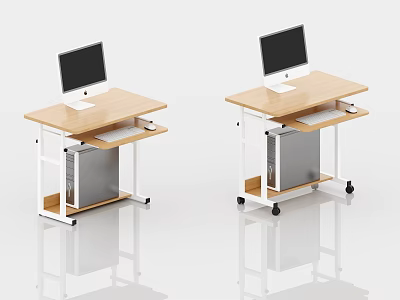 Modern Computer Desk With Wooden Top White Frame Wheels And CPU Storage 3d model