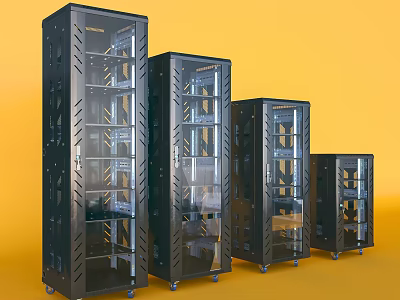 Four Black Computer Server Racks With Transparent Doors Internal Equipment And Wheels On Yellow Background 3d model
