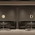 Modern Dark Toned Restaurant Interior With Pendant Lights Round Tables Green Plants And Windows