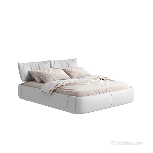 Modern White Leather Double Bed with Soft Pillows and Light Colored Bed Linens 3d model 