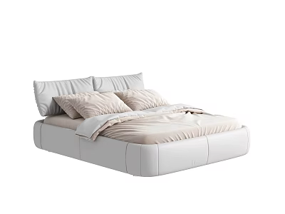 Modern White Leather Double Bed with Soft Pillows and Light Colored Bed Linens 3d model