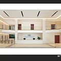 Modern Lobby Reception Desk With Marble Floor Large Windows Green Plants And Decorative Mural